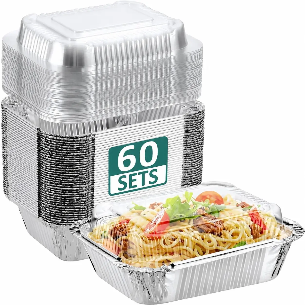 60-Pack Aluminum Foil Food Containers with Lids, Disposable Square Takeout Trays for Baking, Cooking, Meal Prep, Catering, and Food Storage, Disposable Cookware, Kitchenware