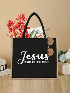 Christian Print Handbag with 'faith over Fear' Text, Large Capacity Fashion Bag, Perfect for Gifts, Travel, Daily Use, Beach, Christmas