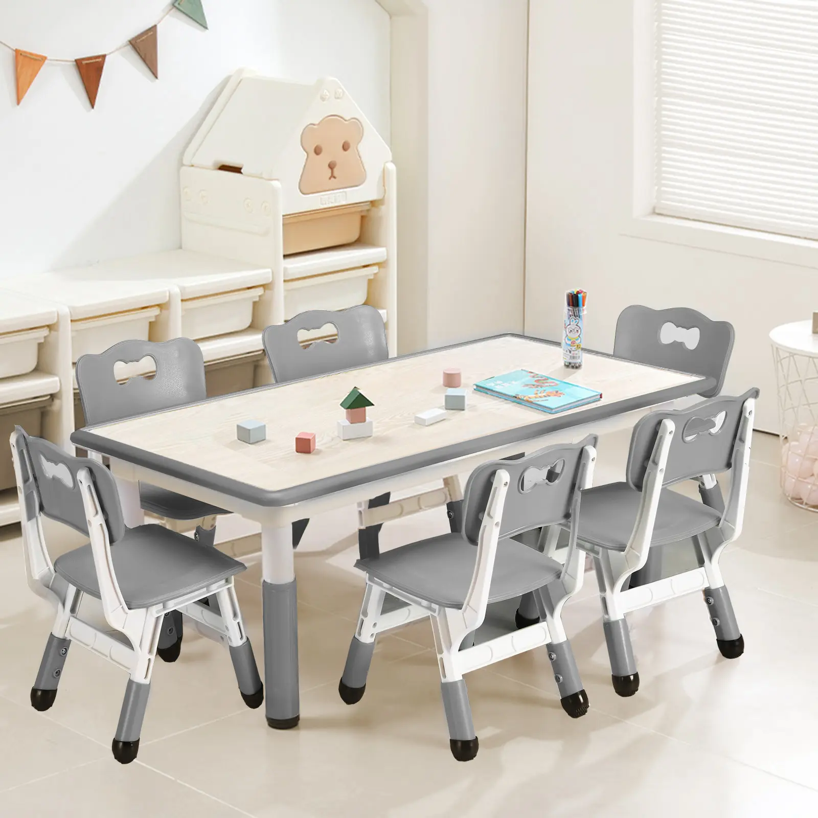 Adjustable Kids Table and 6 Chairs Set, 7-Piece Toddler Activity Table Set, Graffiti Erasable Desktop Study Desk, Ergonomic Playroom Furniture for Ages 3-8, Grey
