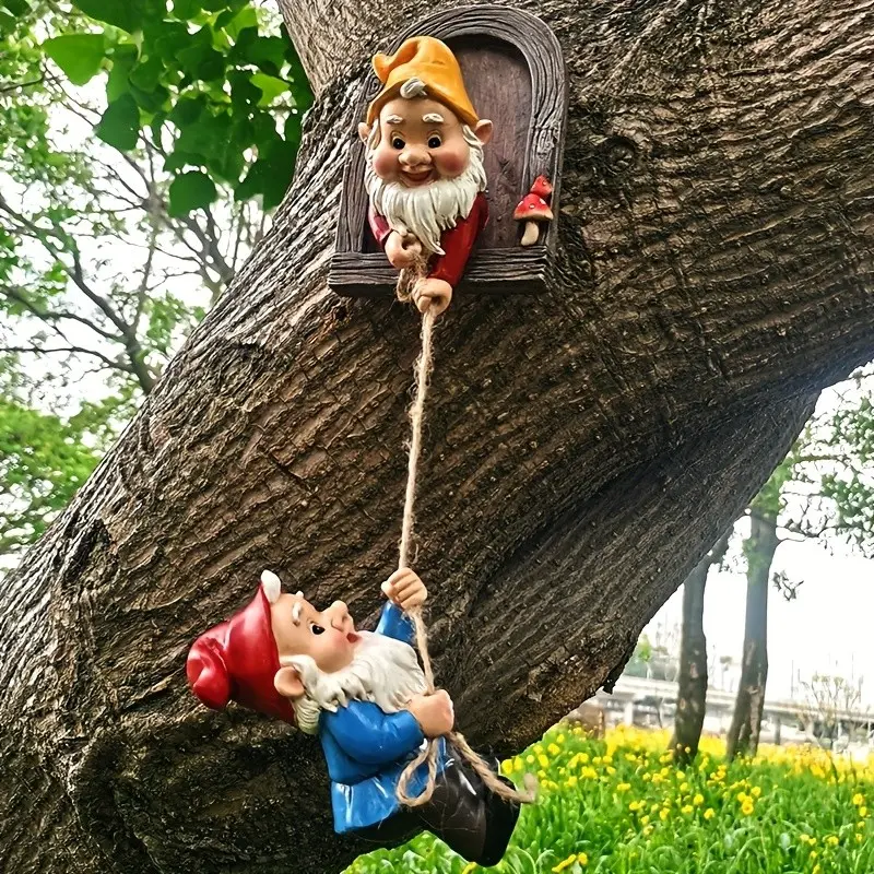 2-Pack Tree Climbing Gnome Decorations, Outdoor Statue for Garden Patio Wall Decoration, Mother's Day Christmas Gift, Hanging Ornament