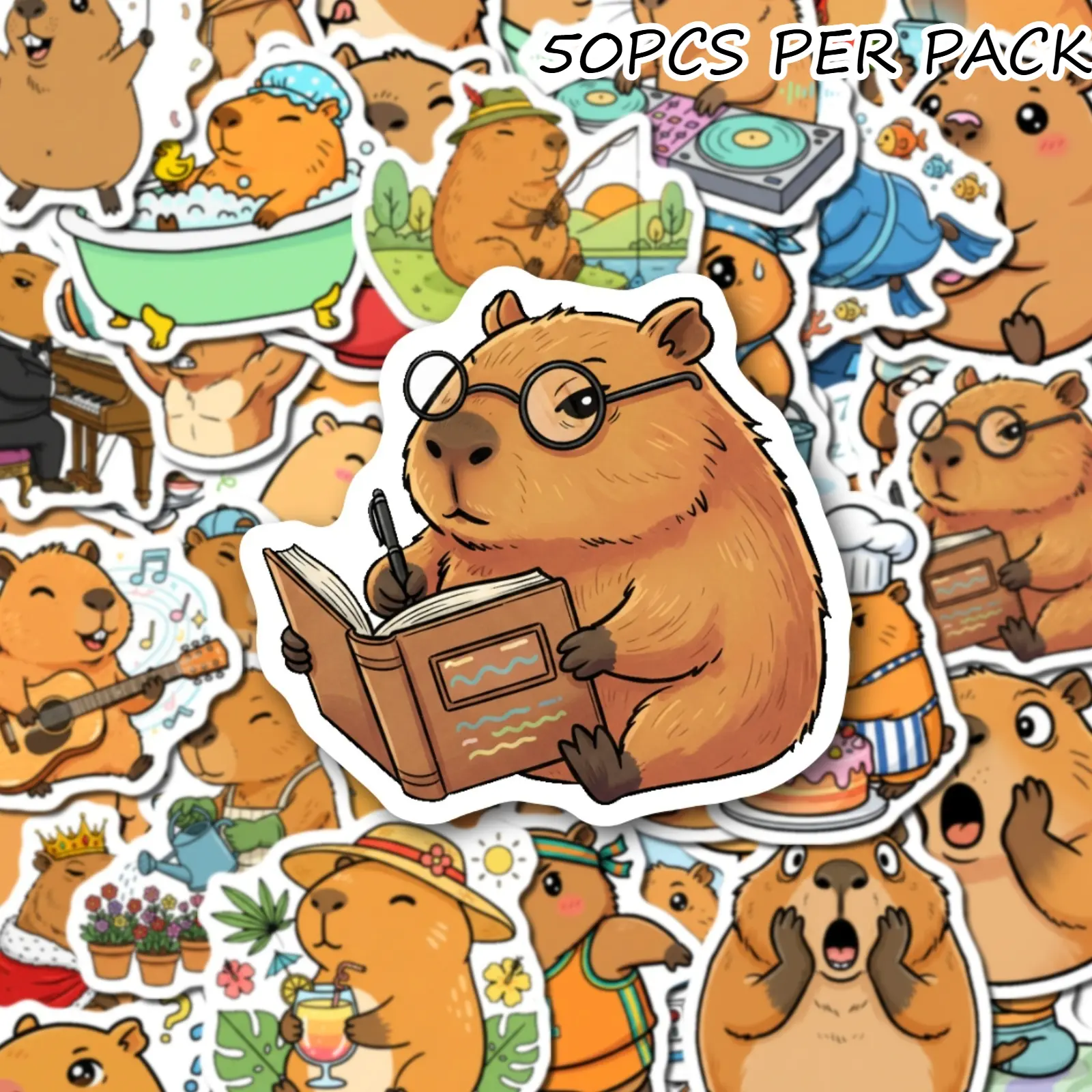 1 Pack 50Pcs Cute Hand Drawn Capybara Cartoon Stickers, Waterproof Scratch Resistant Decorative Decals, DIY Crafts For Journals, Water Bottles, Scrapbooks, Luggage, Back To School Stationery, Birthday Holiday Gifts For Teens And Students