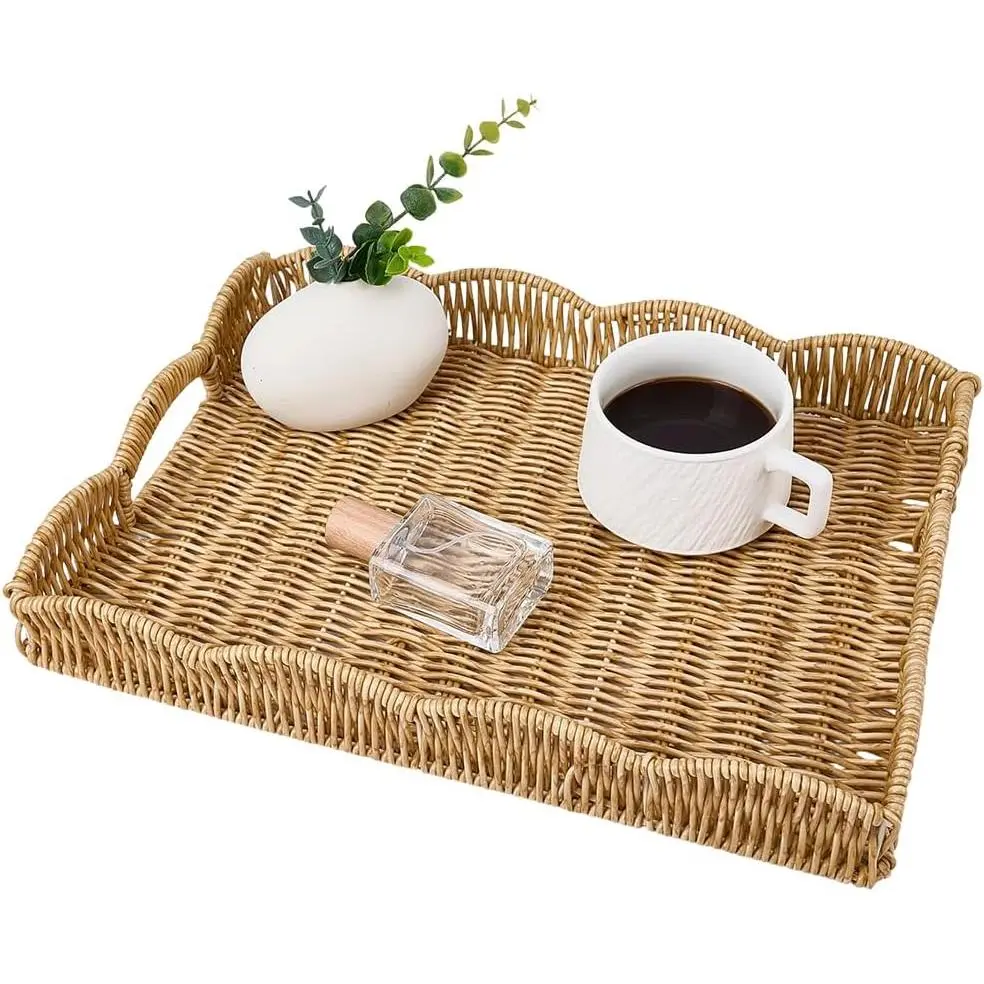 CREATCABIN Rattan Serving Tray with Handle Scalloped Edge Rectangle Wicker Serving Tray Hand-Woven Wicker Decorative Flat Baskets for Breakfast Bread Fruit Coffee Table Kitchen Dinning Room Bathroom