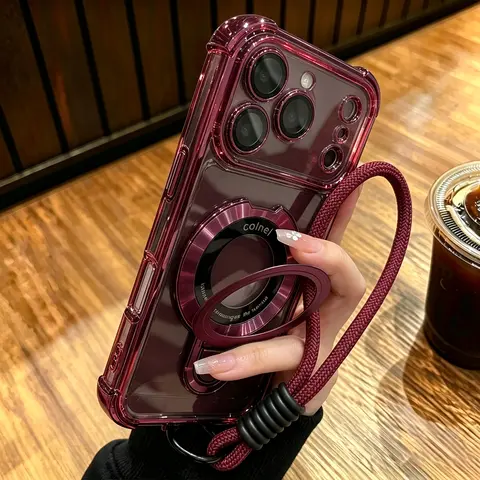 (1 Case + 1 Bracket + 1 Lanyard) Luxury Transparent Plating Buffer Impact Bracket Phone Case Compatible with iPhone 18 Pro Max 17 16 15 14 13 Pro Max Men Women 18ProMax Cases with Glass Lens Protector Soft Frame Clear Shockproof Protective Cover