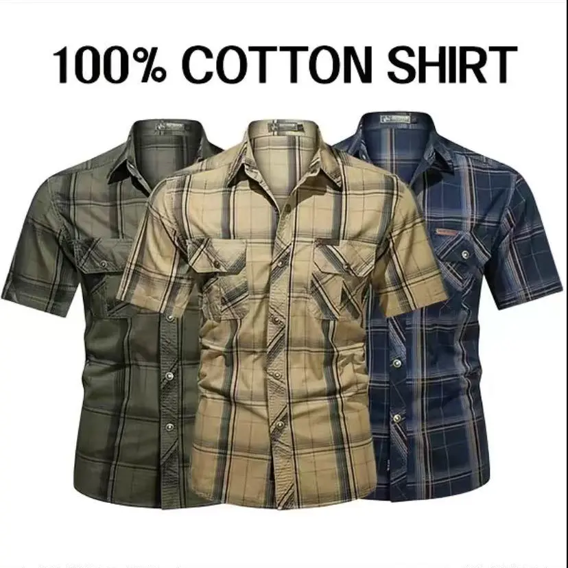 Men's Short-Sleeve Shirt in a Stylish Checked Pattern, 100% Breathable Cotton with Double Chest Pockets for Work & Casual Wear