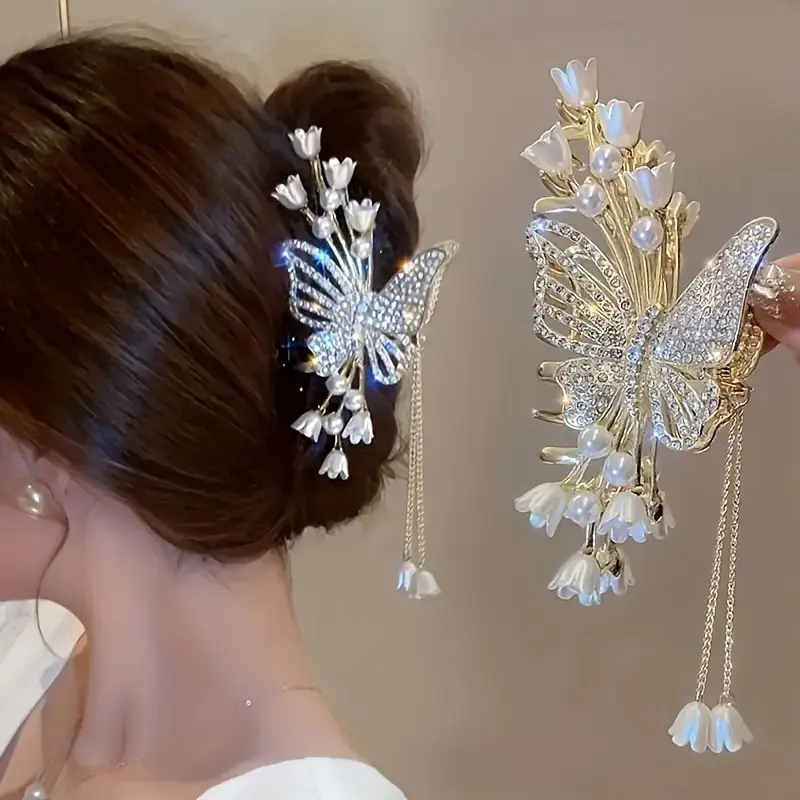 Rhinestone Butterfly Hair Claw Clip for Women, Large Gold Metal Tassel Hair Jaw Clip with Faux Pearl & Lily of The Valley Flower, Elegant Slender Decorative Hair Catch for Thick Thin Hair, Wedding Bridal Hair Accessories Gift