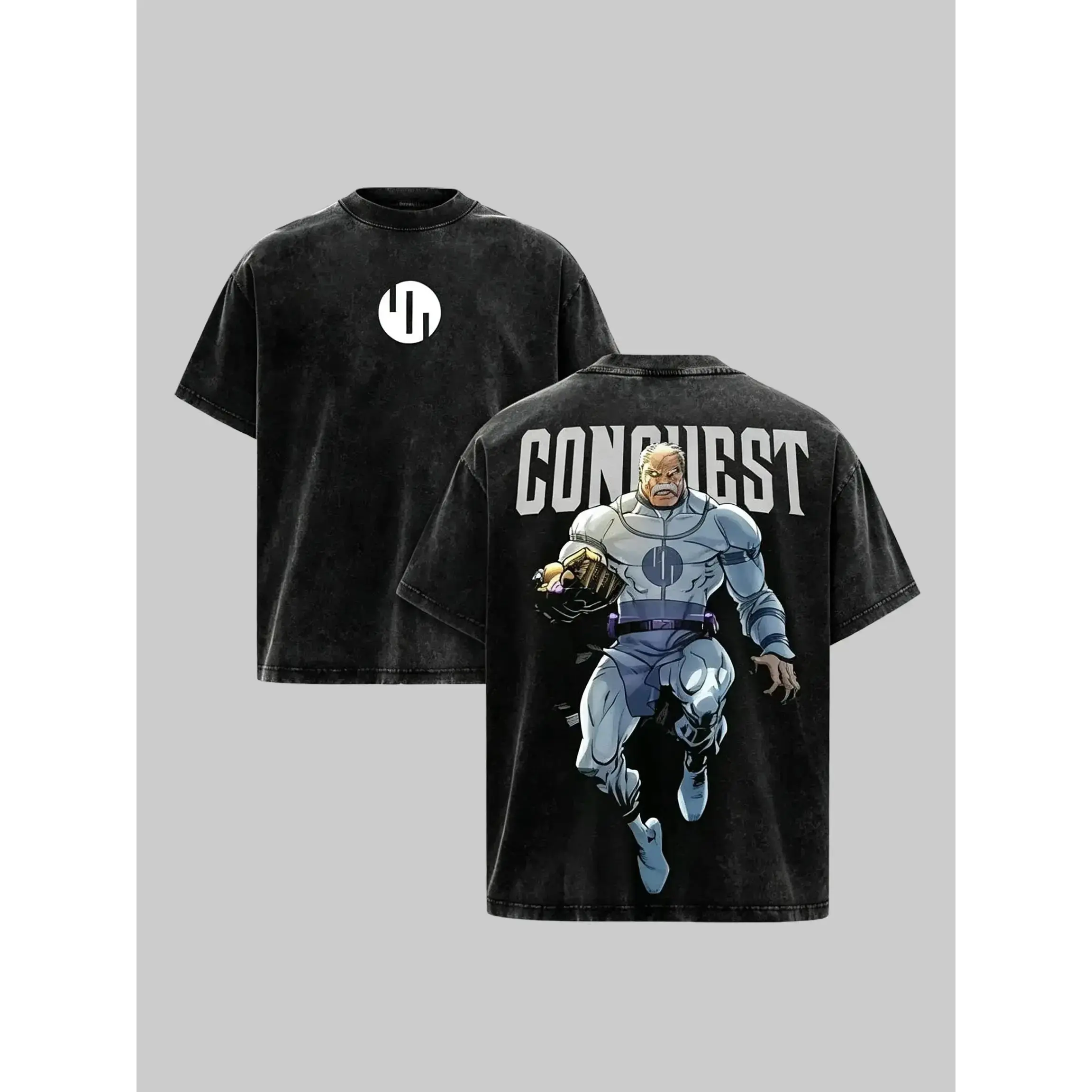 Oversized Graphic T-Shirt in Vintage Washed Heavyweight Cotton, Double-Printed Invincible Anime Streetwear Top for Men & Women, Tshirt, Shortsleeve, Menswear, Casual, Cotton Graphic Tees, Oversized Graphic Tee, Unisex