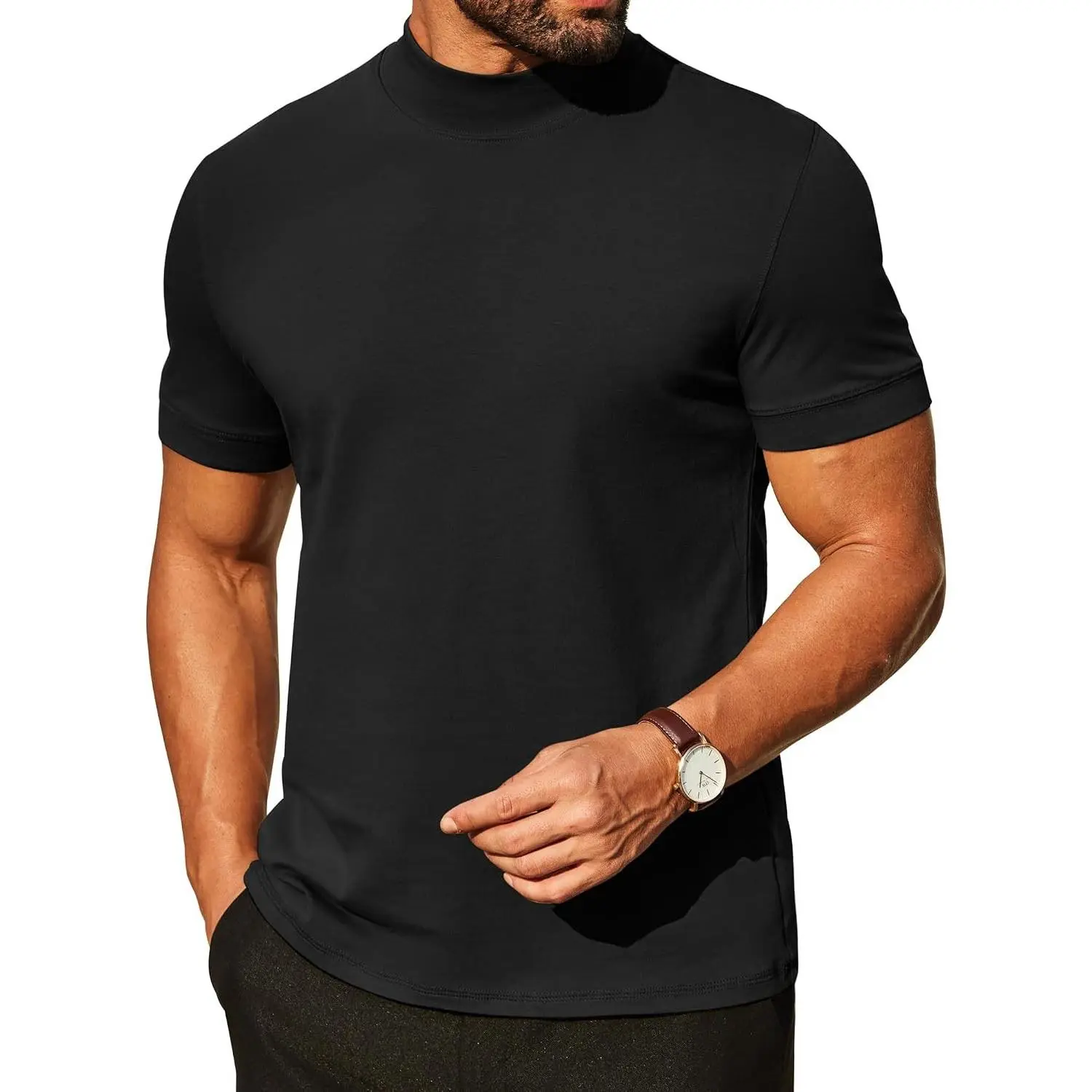 Men's Mock Turtleneck Shirts Casual Premium Cotton Short Sleeve Basic Half Neck T-Shirts