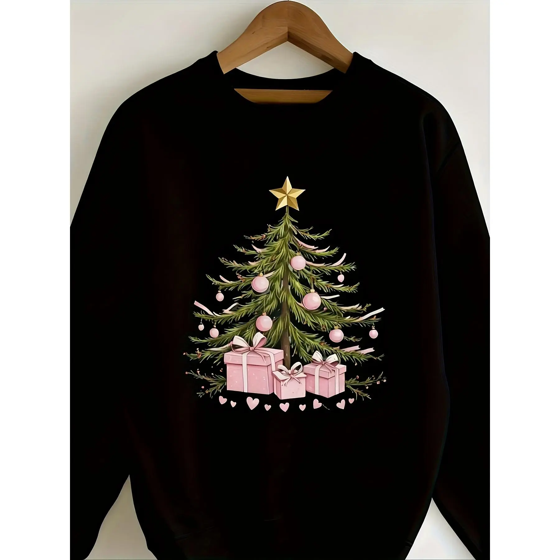 Pink Gift Box Christmas Tree Crewneck Sweatshirt Cute Winter Holiday Graphic Pullover Oversized Long‑sleeve Casual Outerwear