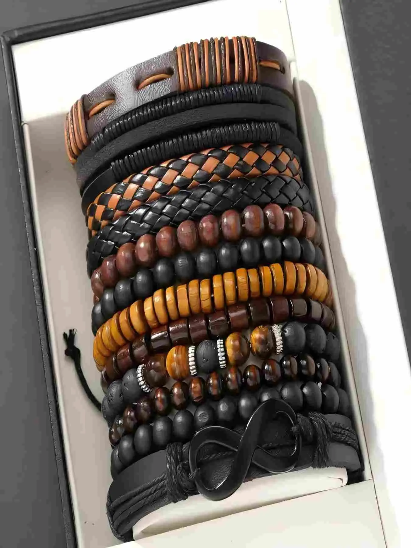 Unisex Vintage Multi-Layer Leather Bracelet Set, Adjustable Boho Punk Style, Wood Beads, Tiger Eye, Infinity Pendant, Daily & Festival Jewelry Gift