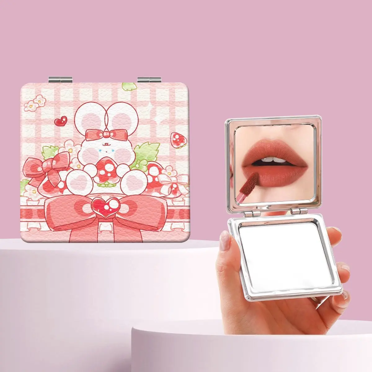Cute Rabbit Strawberry Bow Makeup Mirror, Foldable Mini Handheld Mirror, Perfect for All Occasions, Ideal Gift for Friends and Family