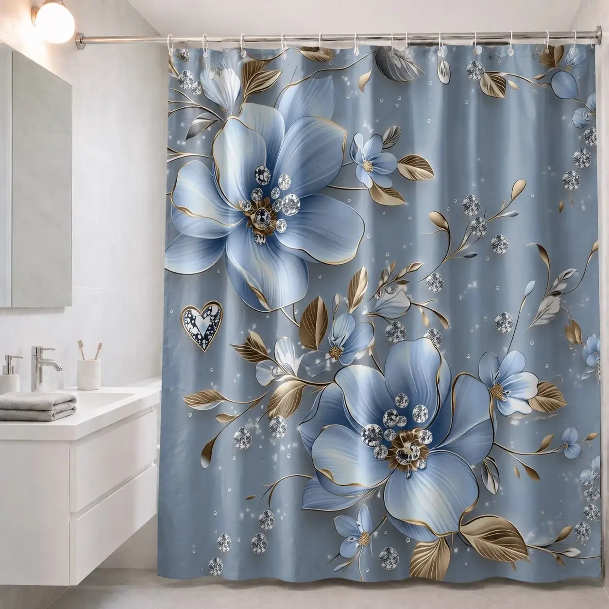 1/4-piece blue floral shower curtain set includes shower curtain, toilet seat cover, rectangular mat, U-shaped mat. Perfect for Bathroom Decor And Accessories, it also comes with 12 shower curtain hooks, Bathroom Accessory