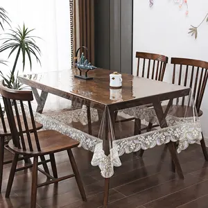 1pc elegant transparent PVC rectangle tablecloth with lace trim design—waterproof and oil-resistant dining table protector, easy to clean, suitable for home use and various party activities. Luxurious floral lace-edged table cover.