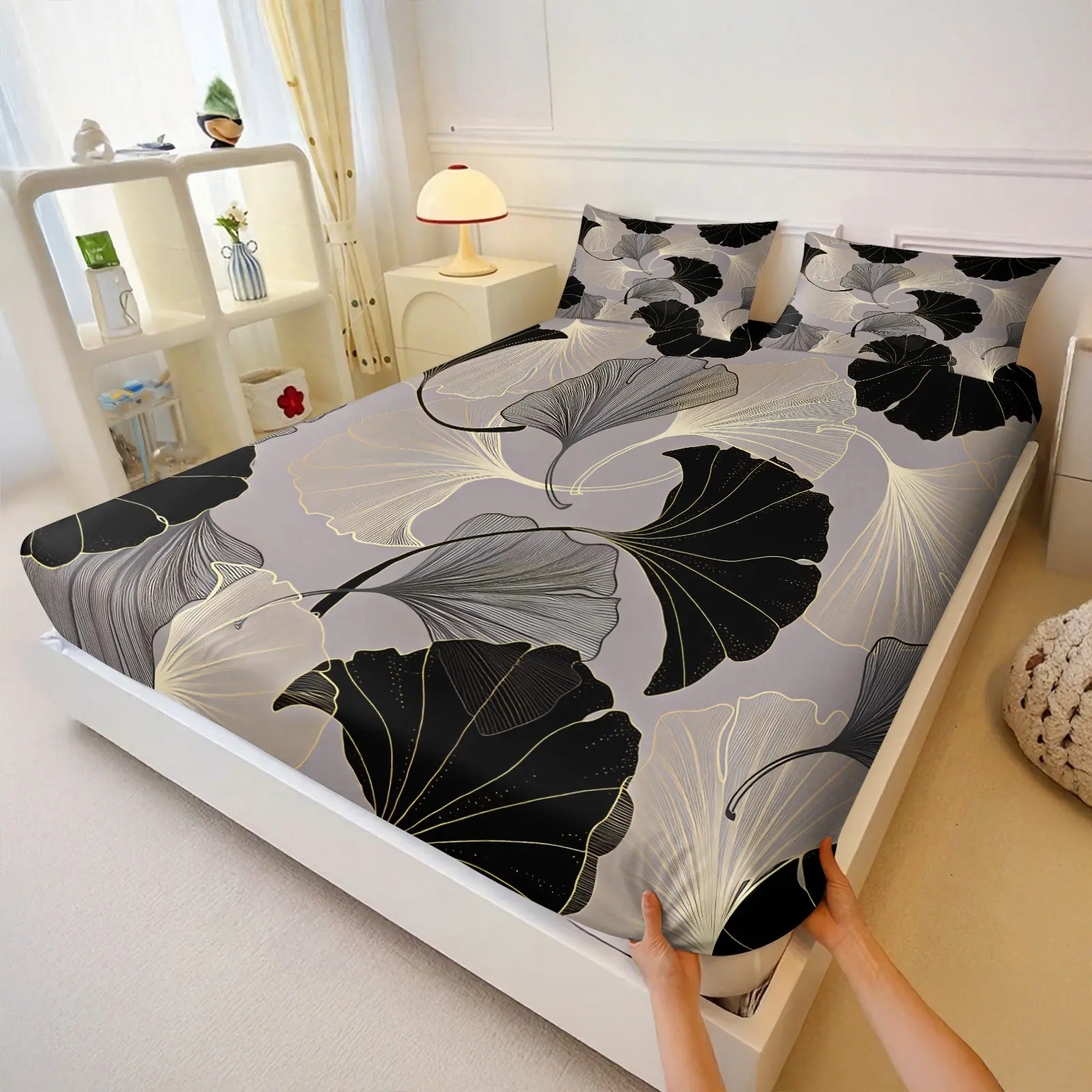 Luxury Light Ginkgo Leaf 3pcs Fitted Sheet Set, Minimalist Modern Botanical Design, Soft Microfiber Bedding for Master Bedroom