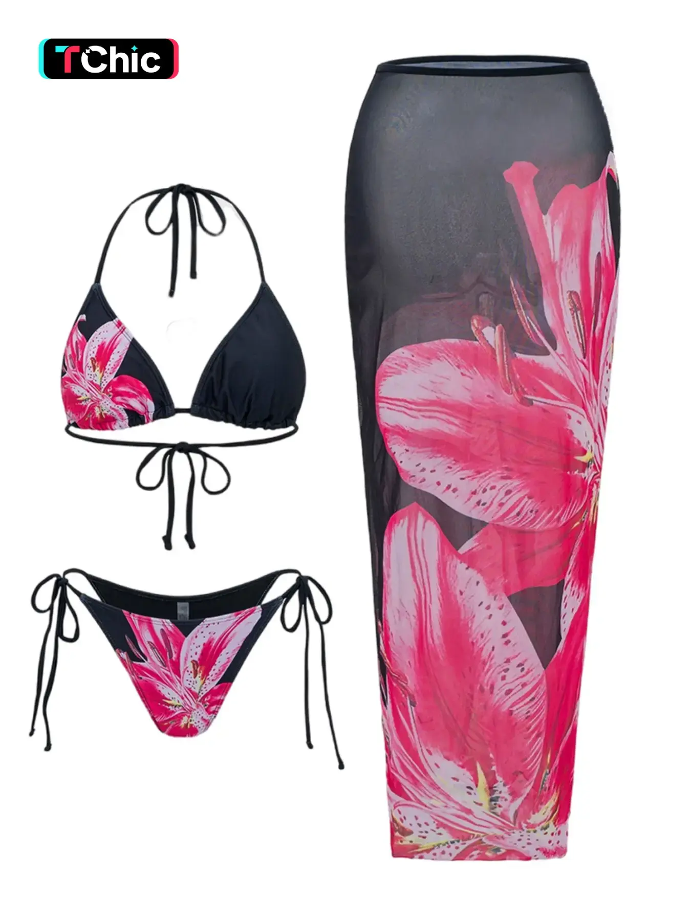 Women's Floral Print Halter Bikini Set, Casual Tie Back Contrast Mesh Swim Top & Tie Side Swim Bottom & Cover Up Skirt Set, Ladies Swimsuit for Beach Holiday Vacation, Bikini With Skirt