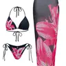 Women's Floral Print Halter Bikini Set, Casual Tie Back Contrast Mesh Swim Top & Tie Side Swim Bottom & Cover Up Skirt Set, Ladies Swimsuit for Beach Holiday Vacation, Bikini With Skirt Swimsuit Sets