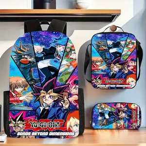 Yu-Gi-Oh Dark Magician Yugi Muto Purple Starry Sky Background Three-Piece School Bag Set, including a backpack, insulated lunch bag, and pencil case, suitable for teenagers' daily school use