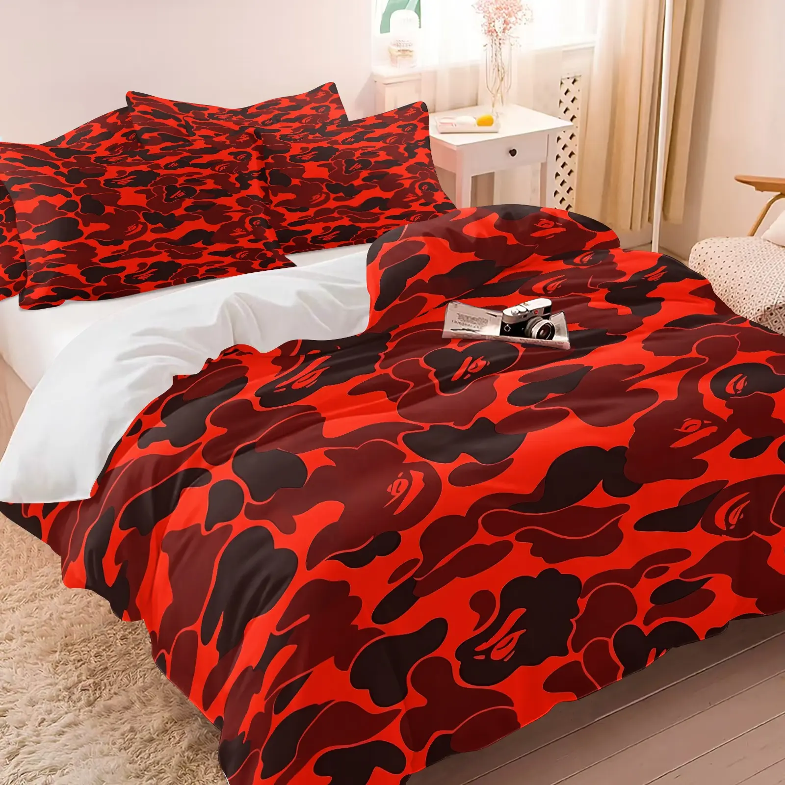 Red and Black Camouflage Streetwear Duvet Cover Set & 1-2 Pillowcases, Red Black Color-Blocking Camo with Hidden Ape Head Dark Pattern Design, Soft Comfortable Bedding, Teenage Bedroom Gaming Room Decor