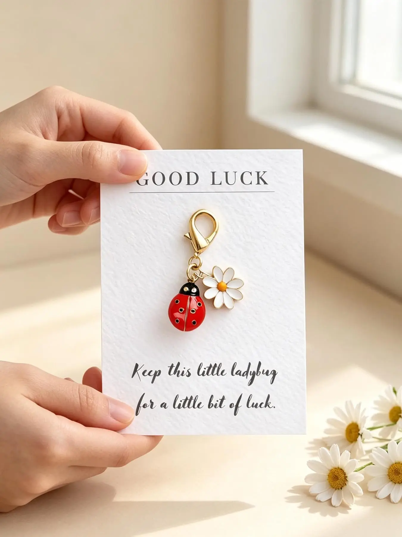 5pcs Good Luck Ladybug Pocket Hug Keychain with Card, Daisy Ladybug Charm Lobster Clasp Key Ring, Lucky Encouragement Gift for Friends Family, Cute Enamel Bug Pendant Thank You Motivational Present