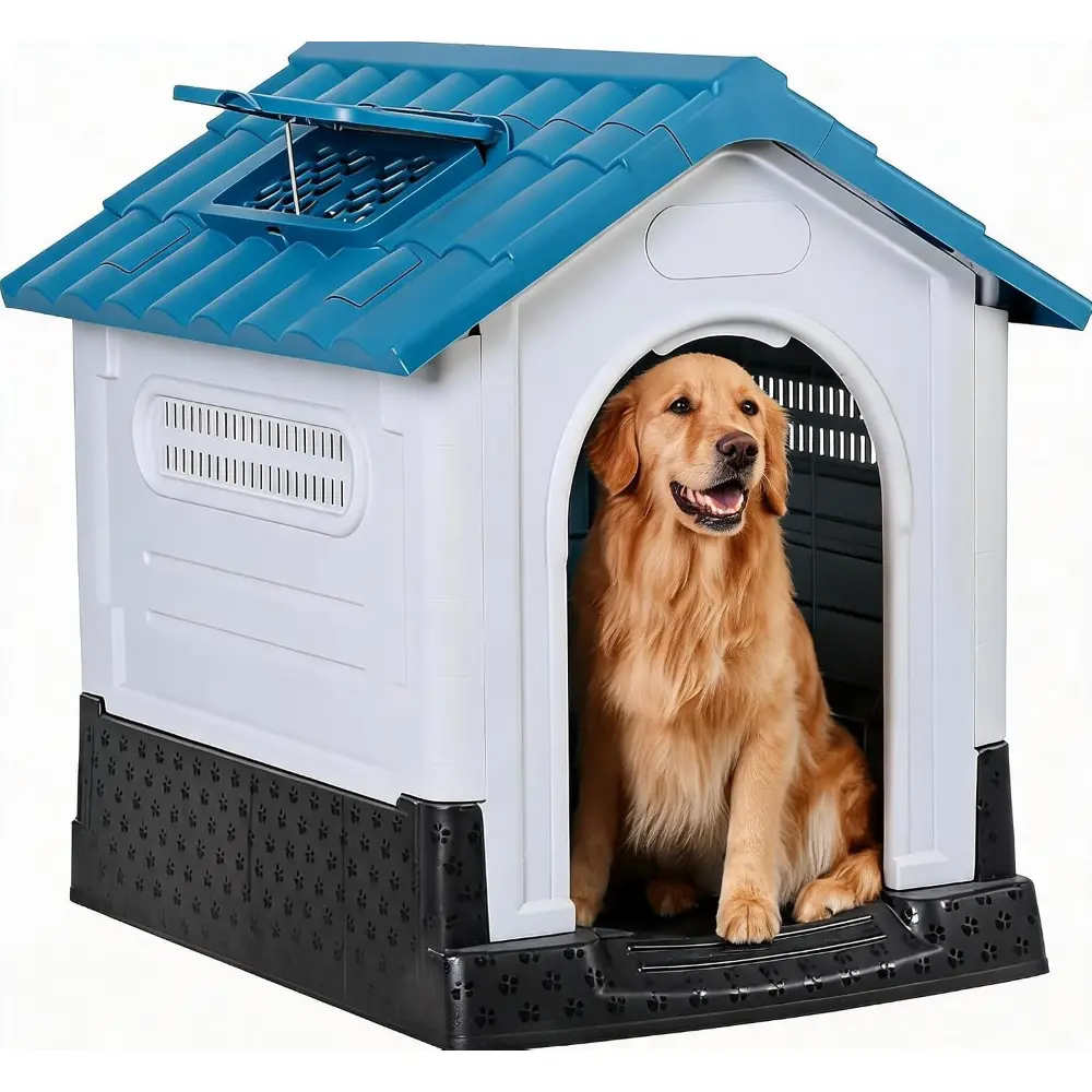 Large Dog House Outdoor with Air Vents and Elevated Floor for Medium Large Dogs, Plastic Waterproof Doghouse Sloping Roof, Easy Clean and Assemble