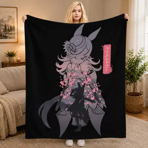 Uma Musume Pretty Derby Rice Shower Silhouette Flannel Blanket, Black Sakura Anime Throw for Fans & Home Decor
