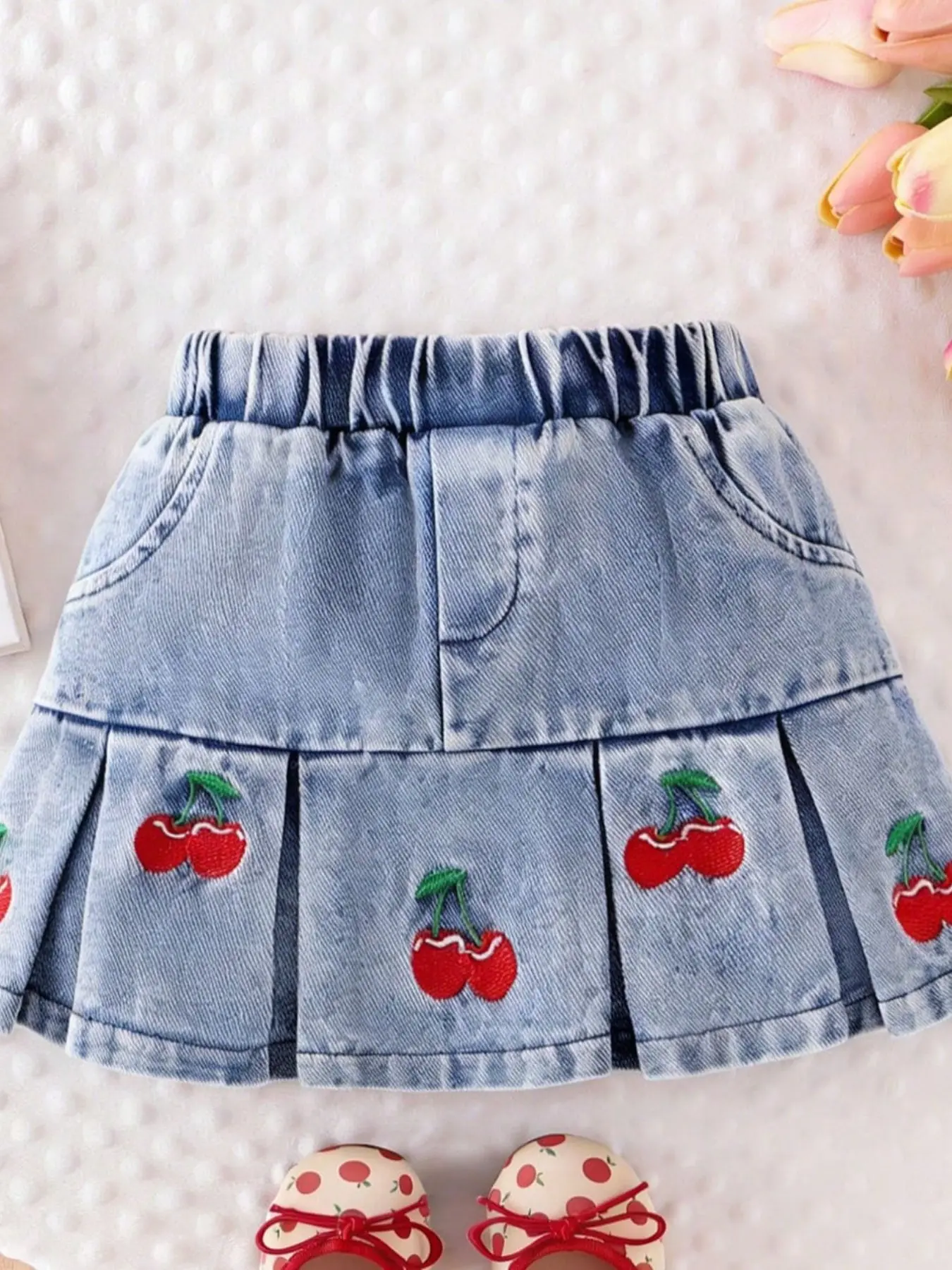 Girls' Cherry Embroidery Denim Pleated Skirt, Elastic Waist Fake Pocket Decor, Spring Summer Fashion Versatile Half Skirt