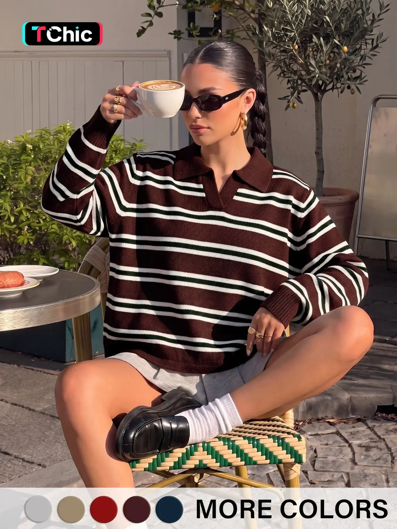 Women's Striped Knit Pullover Sweater, Casual Everyday Long Sleeve Lapel Neck, Comfortable Fall & Winter Fashion, Simple Style