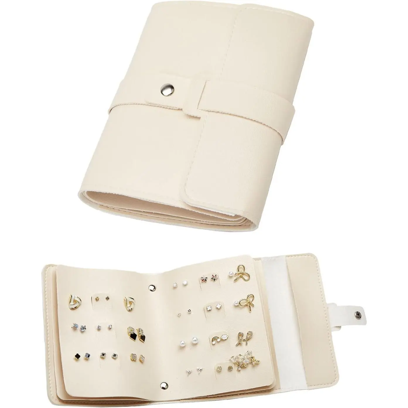 Beige PU Leather Earring Holder Organizer - Modern Booklet Shape, Compact Fold, Portable Single Unit Home Storage Case, Ideal Gift Idea, Staggered Slots, Travel Ready