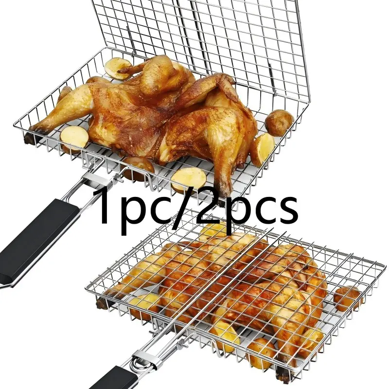Large capacity stainless steel barbecue basket, portable folding bbq barbecue net, camping grill with lockable design and removable handle, Outdoor barbeque, suitable for grilling whole fish, steak, shrimp and vegetables, outdoor camping