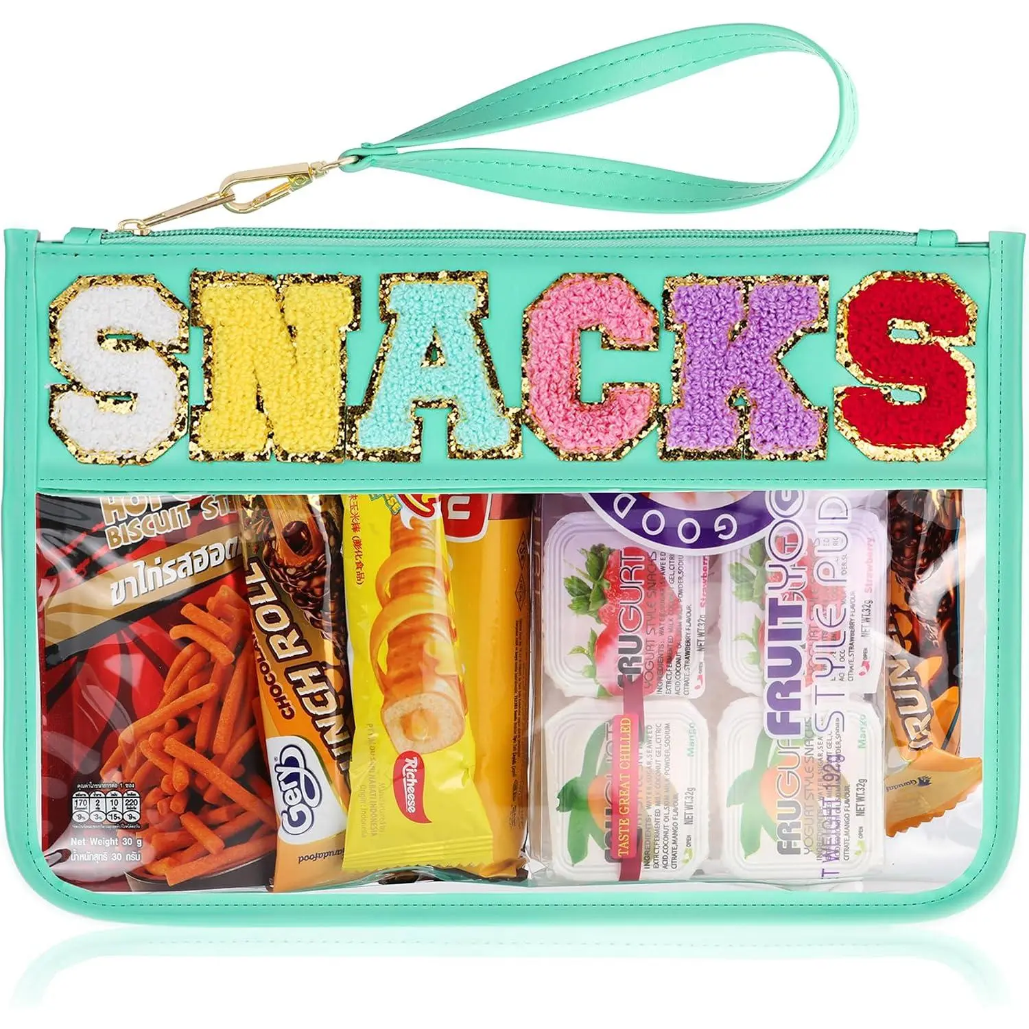 Snack Bag for Travel - Clear Chenille Varsity Letter Flat Pouch with Zipper, 12.2×8.46 inch  Clear Nylon Preppy Patch Makeup  tote Bags for Women Girls
