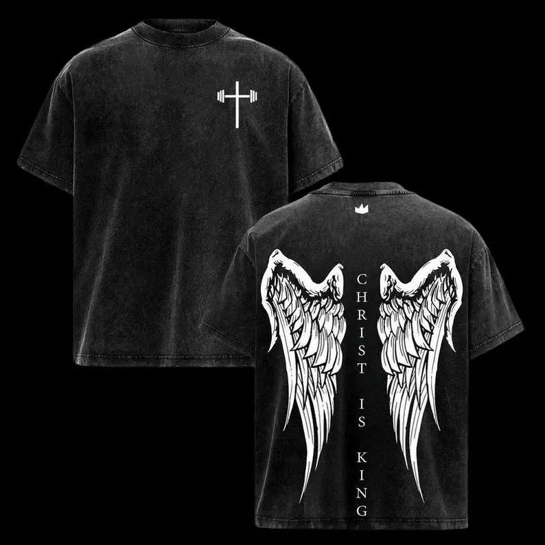 valentine shirts Christ Is King T-Shirt | Vintage Angel Wings Graphic Tee | Oversized Washed Christian Streetwear