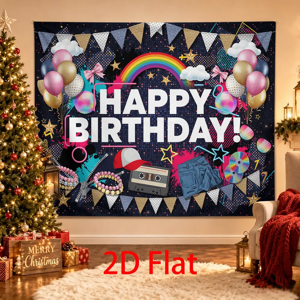 Retro Birthday Backdrop, Colorful Rainbow Balloon Cassette Party Background, 90s 2000s Style Happy Birthday Photo Booth Decor