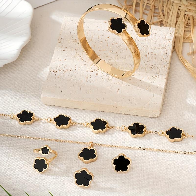 1 Pair Stud Earrings +1 Pc Necklace +1 Pc Bracelet +1 Pc Bangle +1 Pc Ring With Lucky Flower Design Alloy Jewelry Set Trendy Female Gift 1 Pair Stud Earrings +1 Pc Necklace +1 Pc Bracelet +1 Pc Bangle +1 Pc Ring With Lucky Flower Design Alloy Jewelry Set Trendy Female Gift