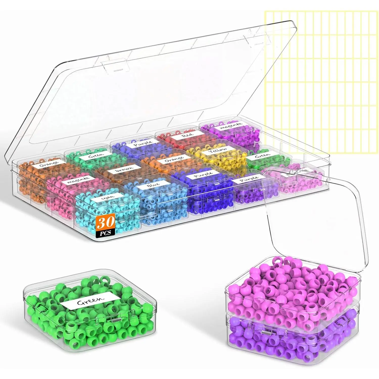 Bead Organizer Box, 30 count Clear Plastic Storage Containers Features Hinged Lid and Labels, Craft Storage Box for , , Clay Beads, Bracelets, Screws, Seeds, Small