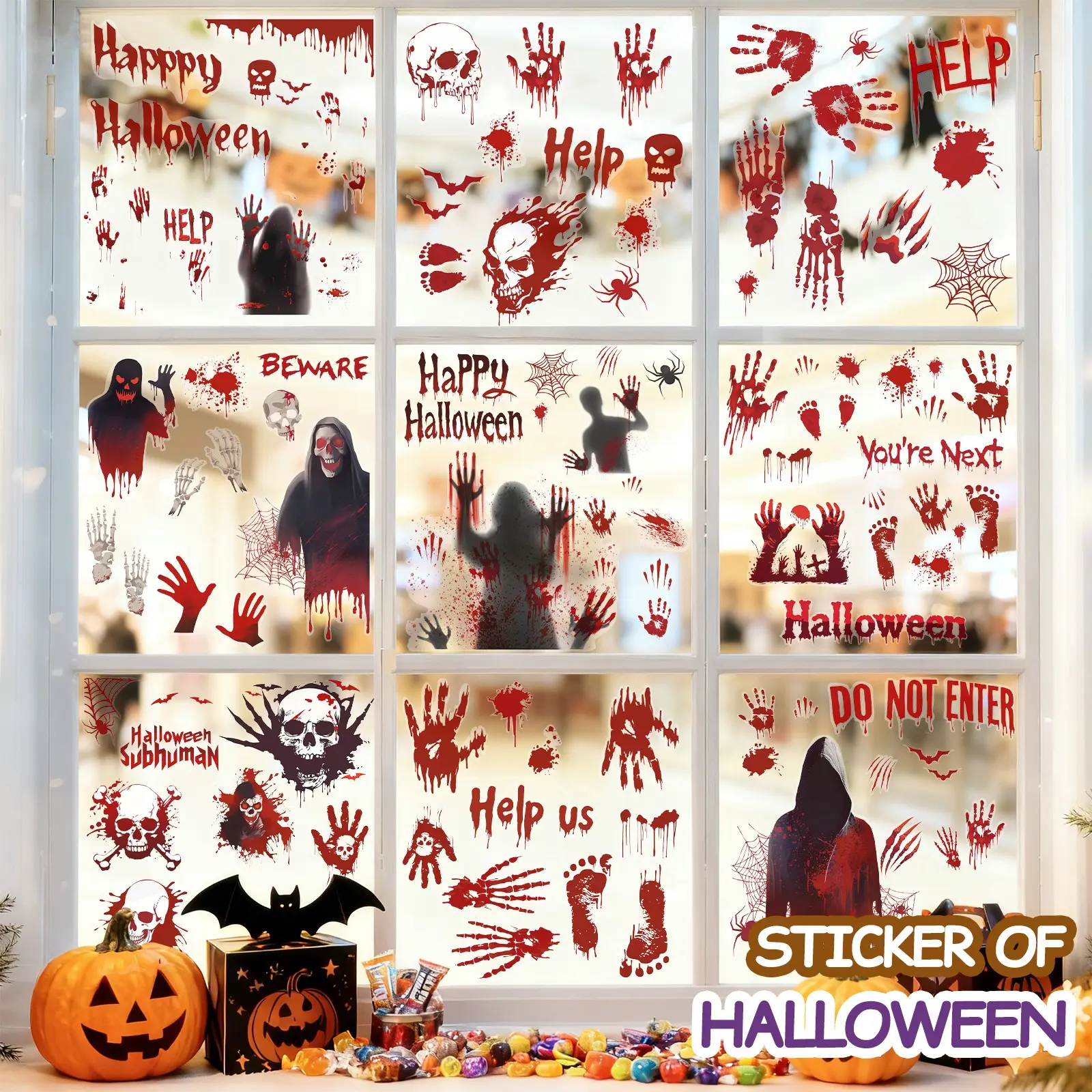 Halloween Static Film Decorative Stickers Set of 9, 11.81x7.87 Inch, Removable Without Residue, Festival Glass Window Decoration Supplies