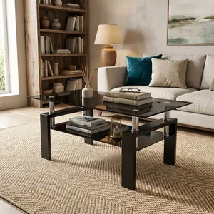 Sleek Black Tempered Glass Coffee Table Rectangle Design Heavy Duty Black Legs Multi-functional Living Room Center Table Simple Modern Home Accent Side Leisure Table For Indoor Space