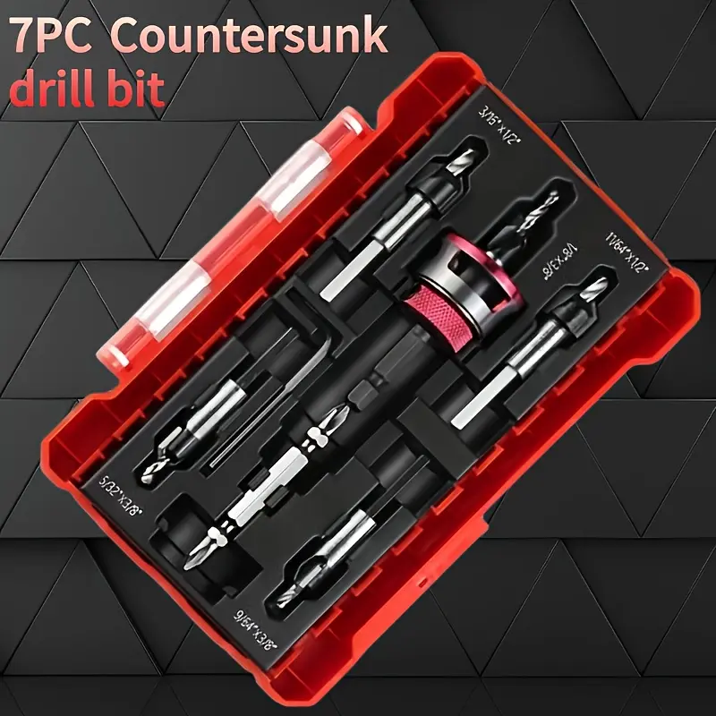 7 Piece Solid Carbide Countersink Drill Bit Set With Automatic Depth Stop Sleeve And Quick Change Guide Drill Bit 1/4 Inch Hex Shank For Flat Head Screw Installation Zero Tearout Alloy Collar Woodworking Tool Set Gift