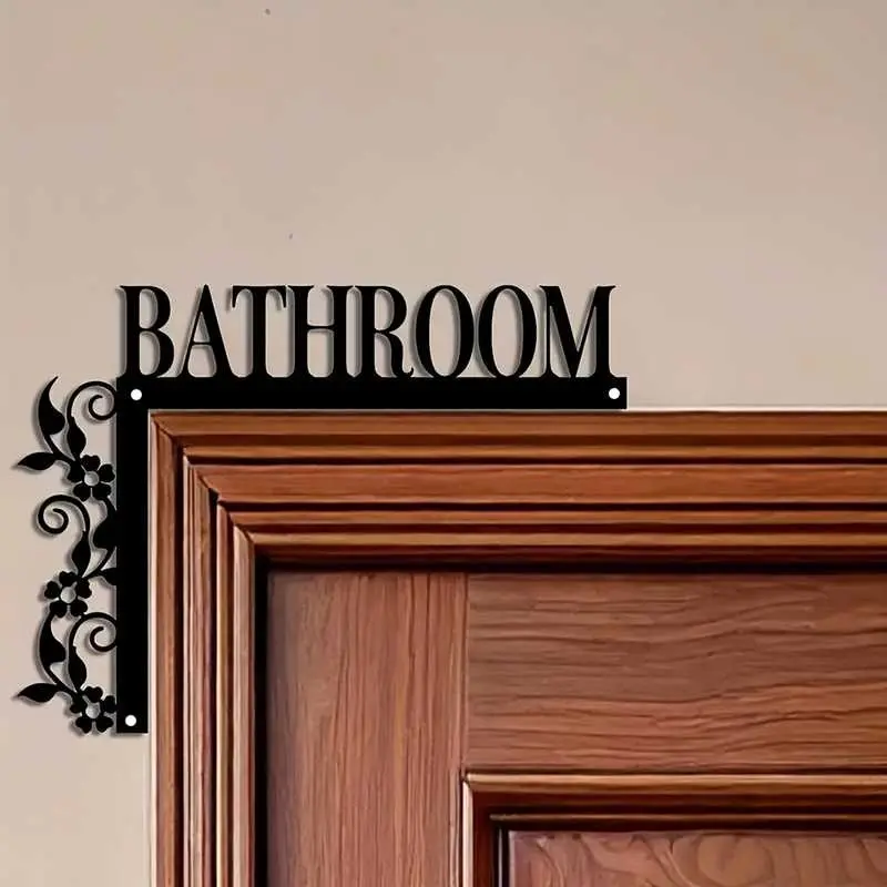 Elegant Metal Bathroom Door Sign, Wall-Mounted Iron Art Decor Plate, Floral Design, Ideal for Home Indoor Decoration, Bathroom Decor