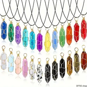 Bullet Shaped Hex Crystal Pendant Necklace Hand Metal Wire Wrapped Natural Amethyst Rose Quartz Stone Smooth Polished Crystal Point Adjustable Wax Cord For Yoga Daily Minimalist Stackable Decorative Neck Costume Jewelry