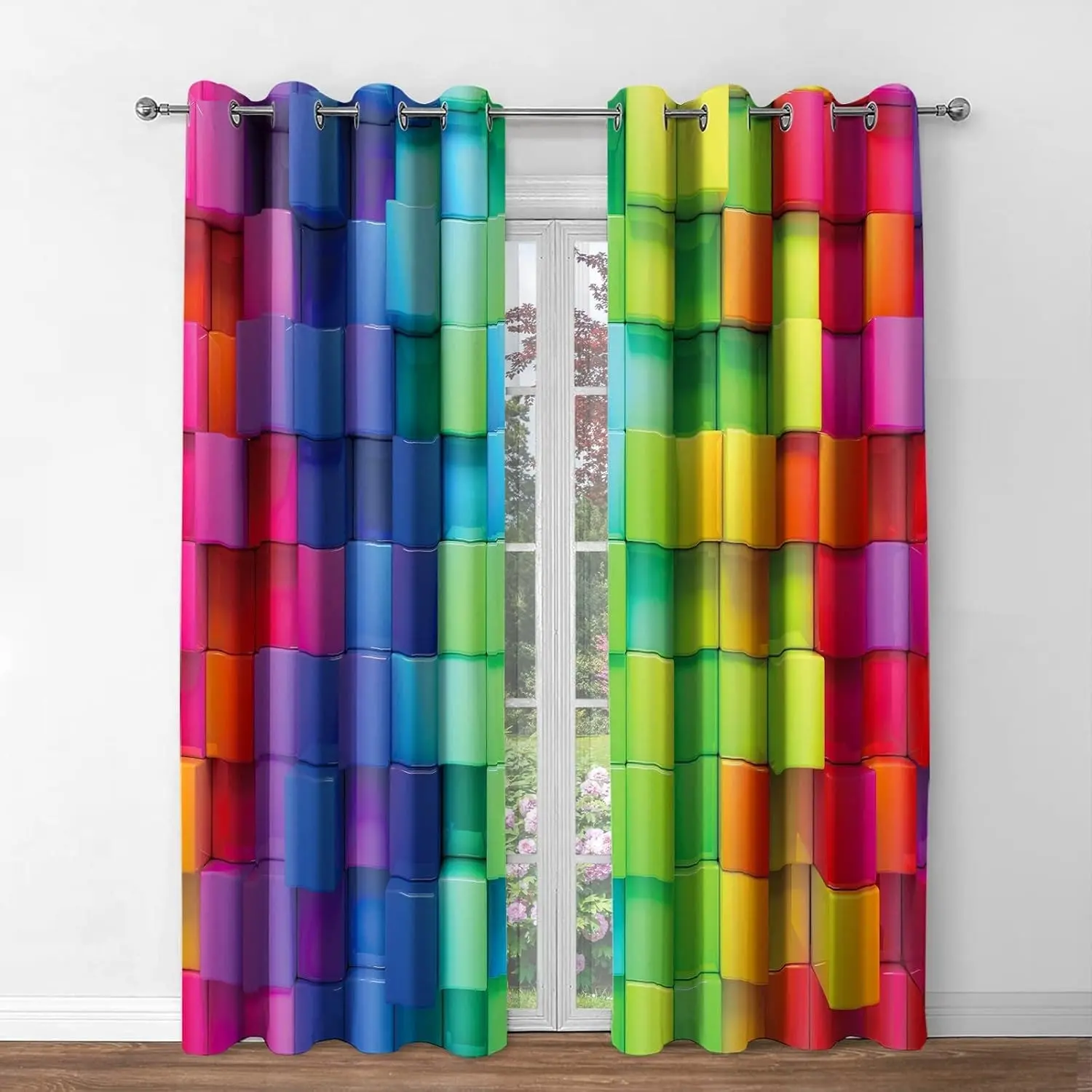 Colorful Rainbow Semi-Sheer Curtains, 2D Brick Pattern, Geometric Art Style, Bedroom Living Room Decor, Eyelet, Two Panels