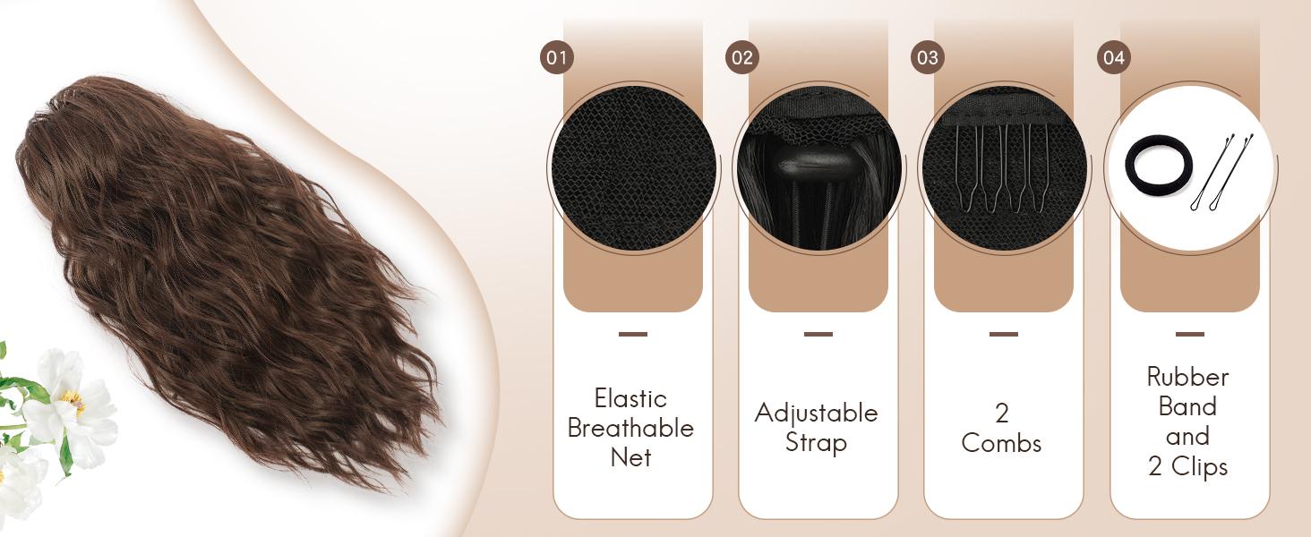 FESHFEN Ponytail Extensions - Drawstring Ponytails Hair Extension Long Curly Wavy Hair Piece Synthetic Pony Tail Hairpieces for Women, 18 inch