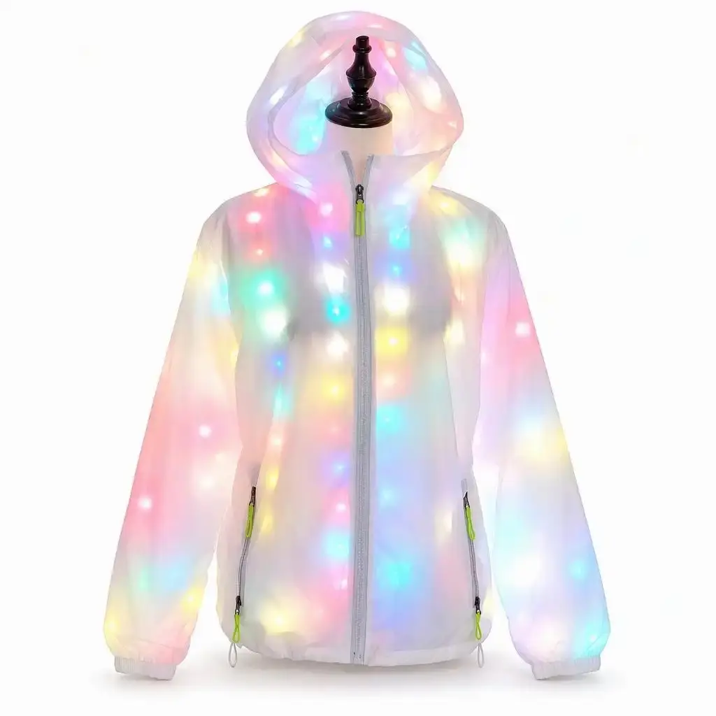 LED Light Up Jacket Colorful Glowing Hooded Windbreaker with Zipper Rainbow Coat for Men Women Rave Festival Outfit Halloween Costume Party Night Events