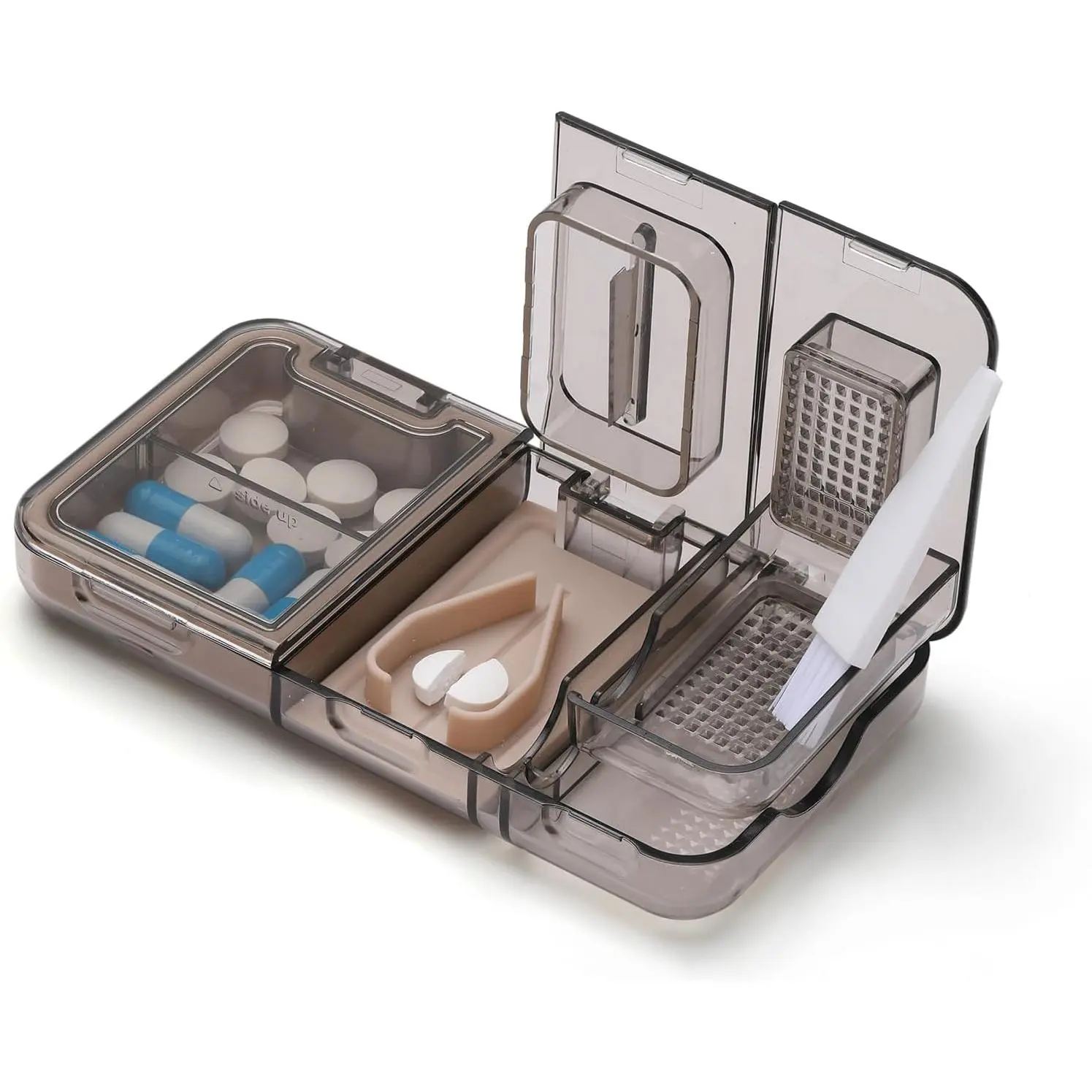 GJAHSH 3-in-1 Pill Cutter Splitter and Grinder with Storage Case, Professional Pill Crusher for Small or Large Pills, Sharp Stainless Steel Blade with V-Shape Silicone Holder, Moisture-Proof & Portable Travel Size