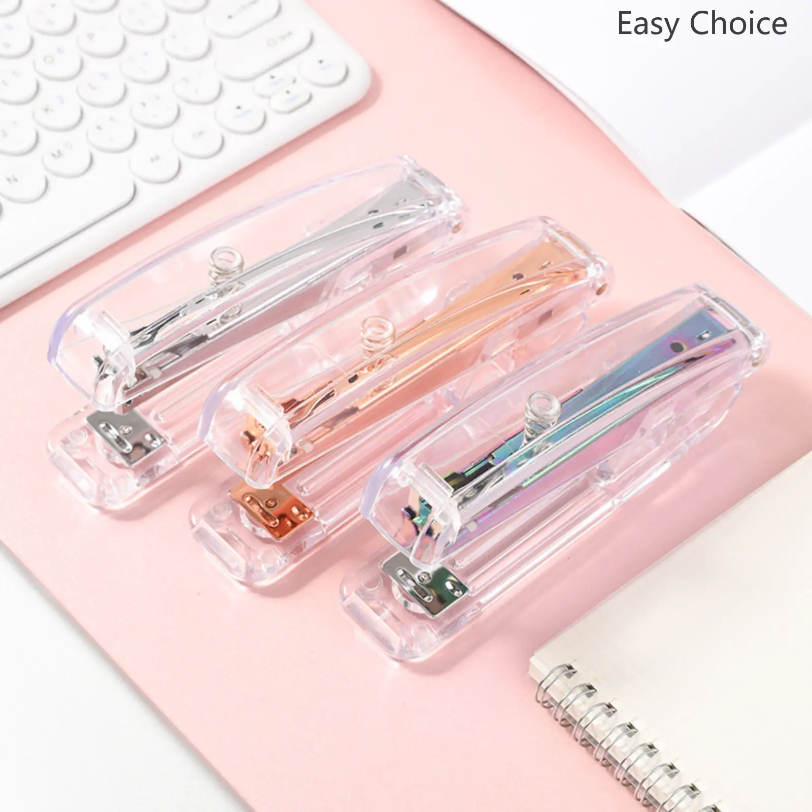 Simplified Transparent PS Rose‑Gold Stapler Set, Medium‑Size Labor‑Saving 12# Standard Stapling Machine, Durable Office Desktop Binding Tool Kit for Document Paper Fastening Home School Daily Stationery Use