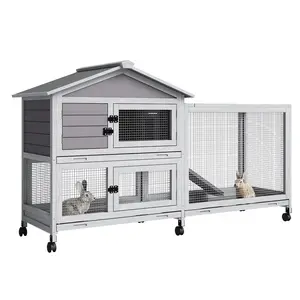 Wooden 2-Story Rabbit Hutch Cage - 63.19x36.81x22.44 Inches, Wheels with Lockable Casters, Pull-Out Trays, Waterproof Asphalt Roof, All-Weather Durability, Chew-Resistant, Indoor-Outdoor Home for Rabbits & Guinea Pigs, Grey