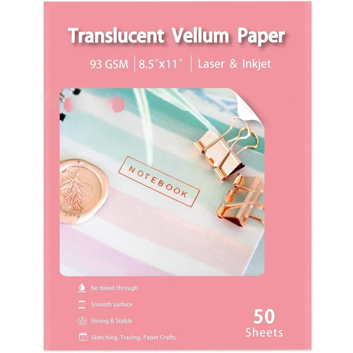 Translucent Vellum Paper 8.5x11 Inches, 50 Sheets Printable Transparent 93GSM/63LBS Vellum Paper for Printing Sketching Tracing Drawing