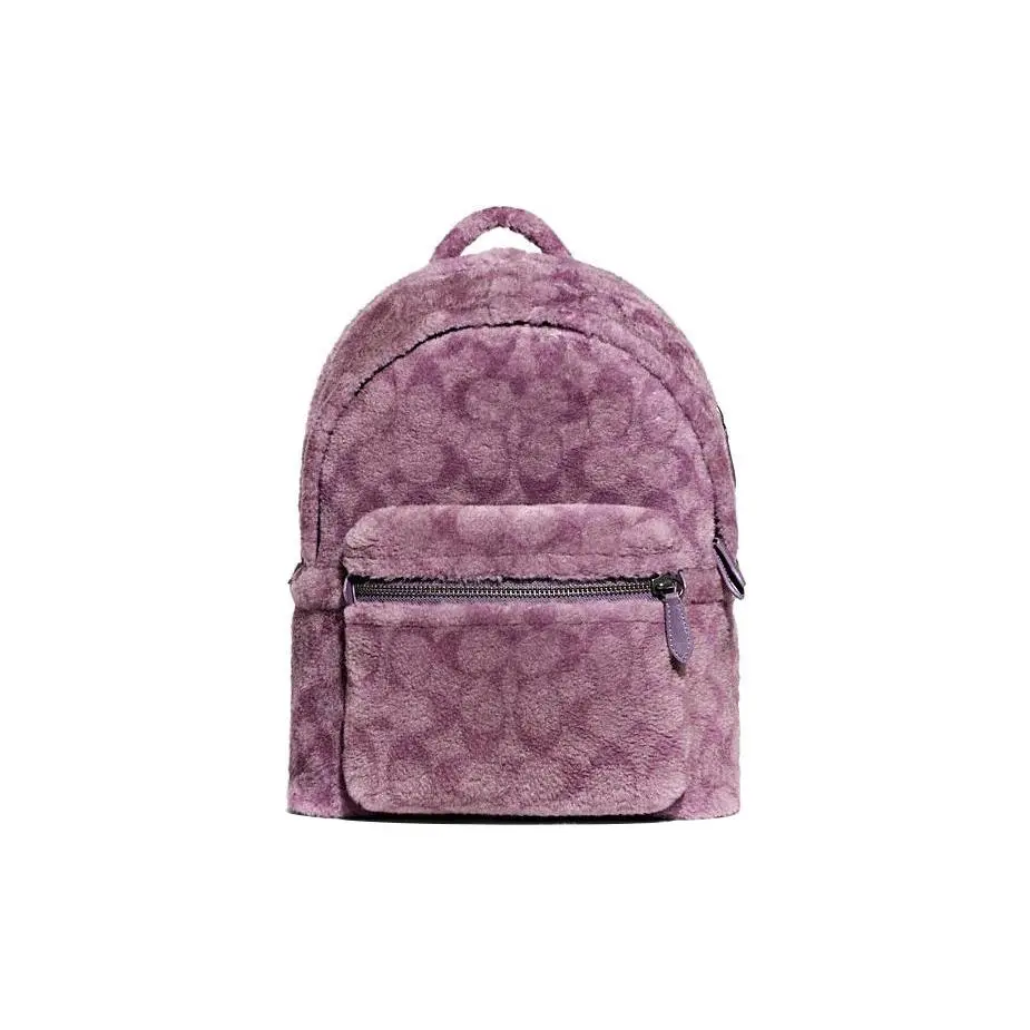 COACH Charter 30 Classic Monogram Zip-Top Wool and Shearling Backpack for Women, Purple
