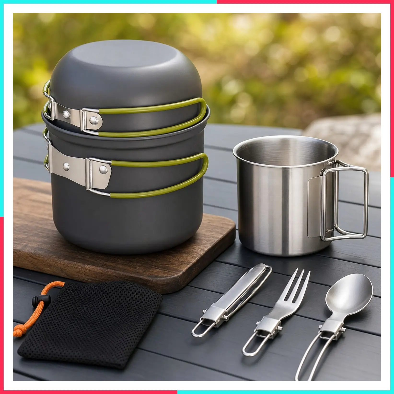 Backpacking Camping Cookware Kit with 0.33Gal Pots, 0.17Gal Pans, 0.08Gal SUS304 Cup, Forks, Knives, and Spoons for Hiking, Camping, Outdoor Cooking, Picnic, and Solo Camping