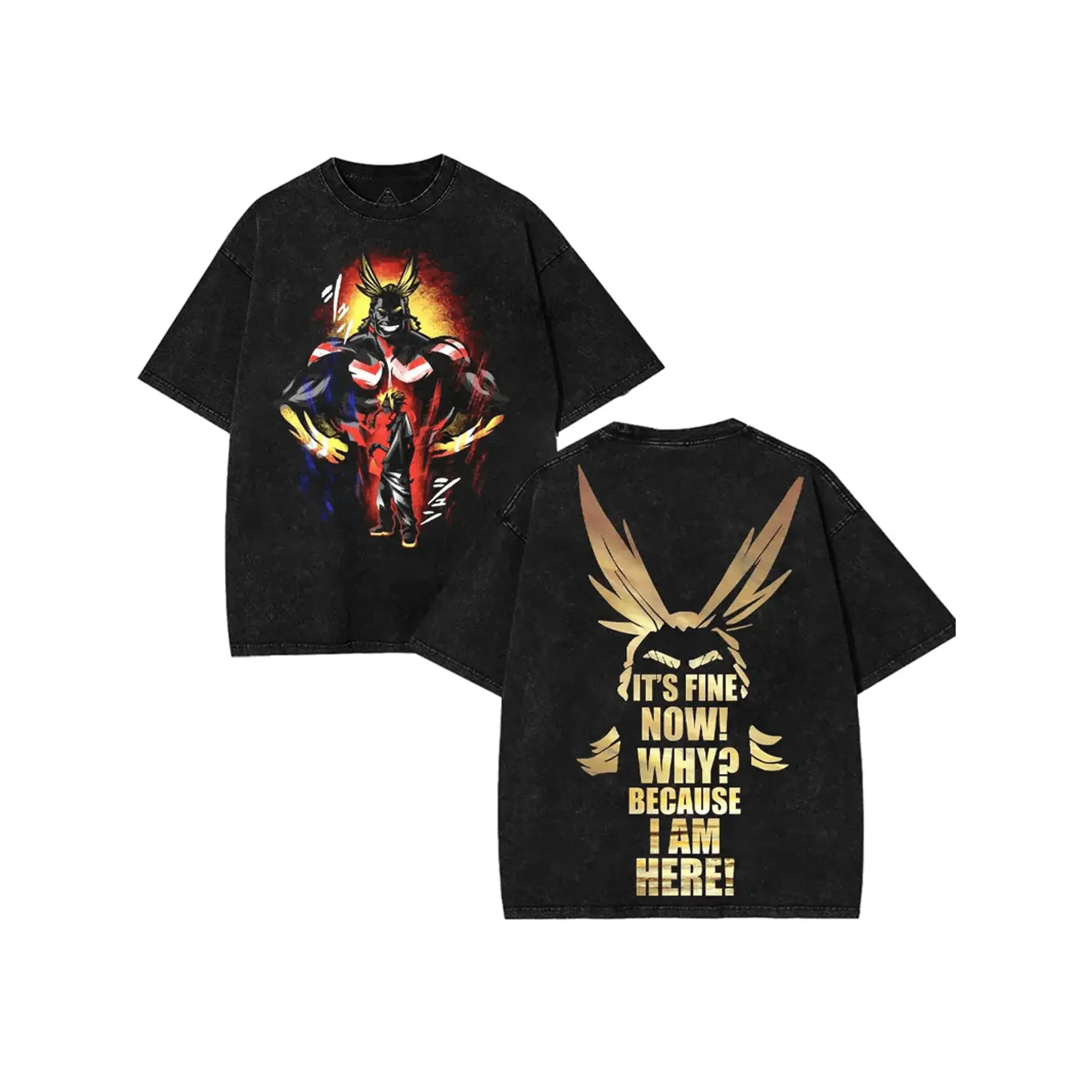 Washed Heavyweight Cotton Graphic Tee Mens Anime All Might Front Back Print Oversized Crew Neck Short Sleeve Tshirt Casual Streetwear Daily Outfit Gym Concert Weekend Fashion Top