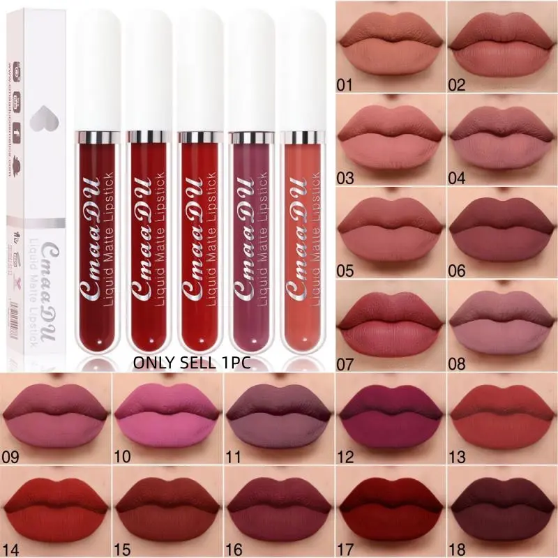 1Pc, CmaaDu Matte Liquid Lipstick, Long Lasting Matte, 18 Shades From Nude To Bold, Smooth Creamy Liquid Texture, Forms Lip Film To Resist Moisture, Hard To Shift Once Settled, For Daily Party Lip Look, ViralMatteLiquidLip, MultiToneLipCosmetics