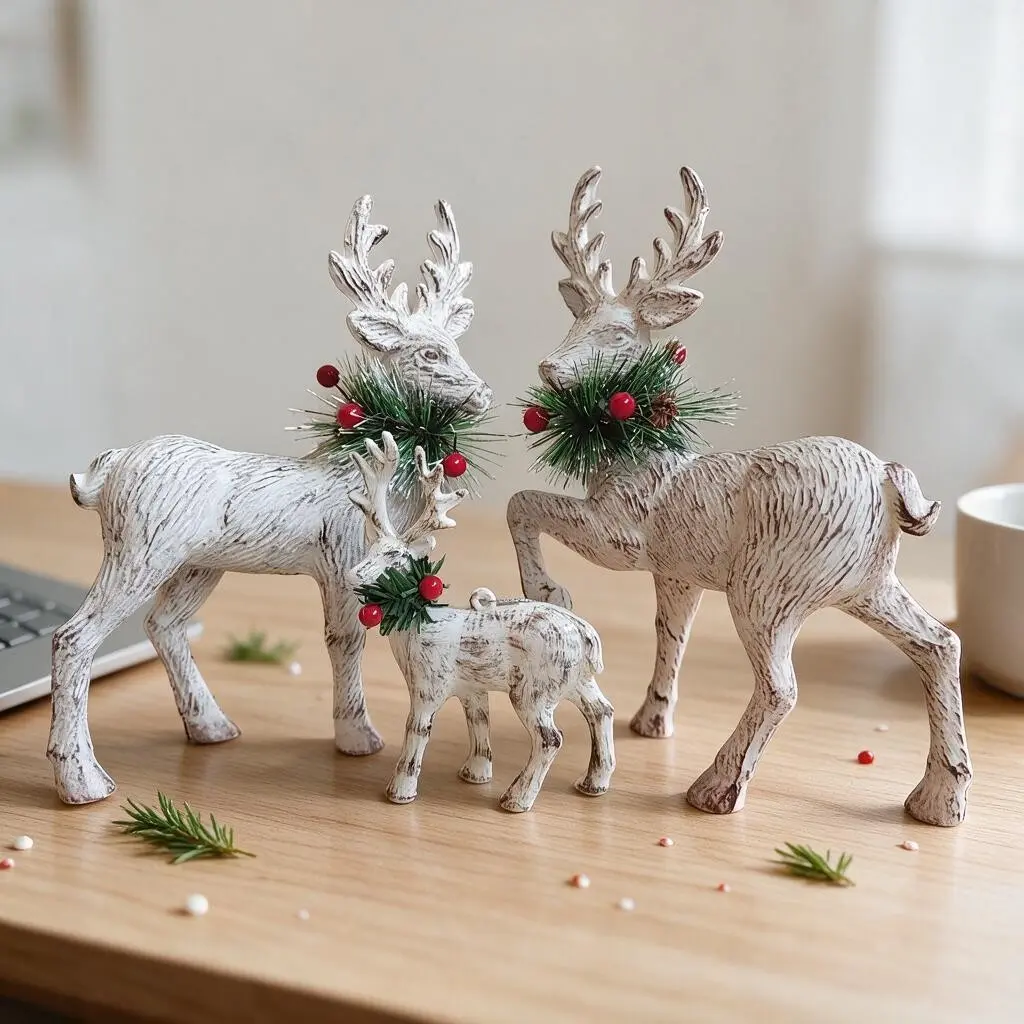 3PCS Durable Plastic Christmas Reindeer Figurines, Vintage Distressed Mini Tabletop Deer Decor, Faux Wood Finish, 5.1"-8.6" Tall with Berry & Pine Branch Accents for Tiered Tray, Coffee Table, Entryway Shelf, Mantel